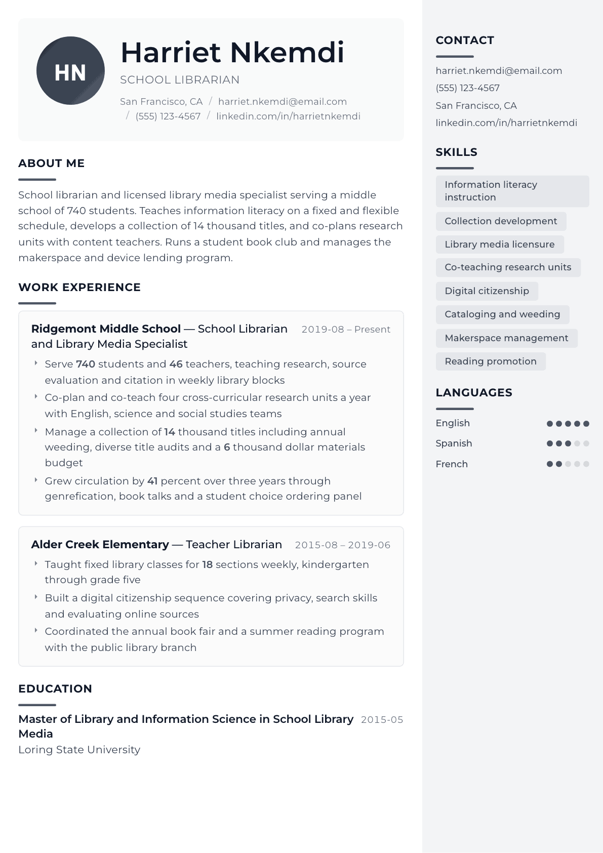 School Librarian resume example, Metropolitan template