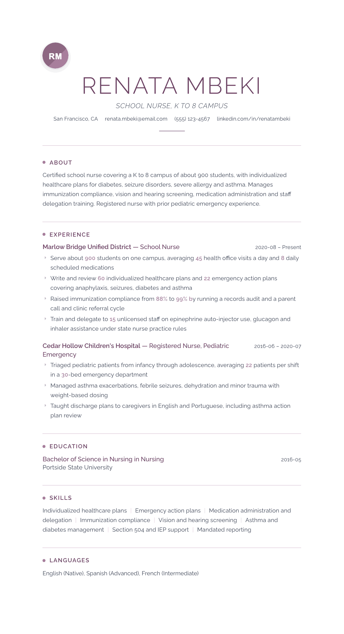 School Nurse resume example, Serenity template