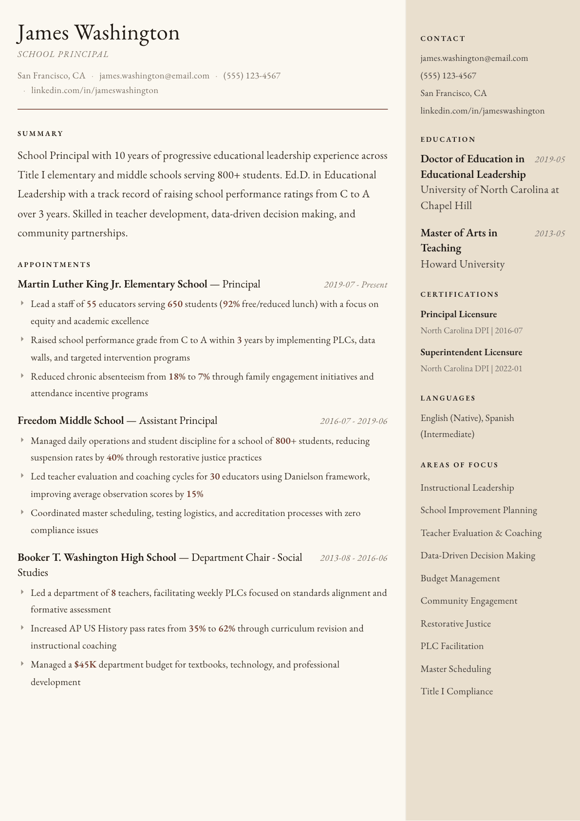 School Principal resume example, Manuscript template