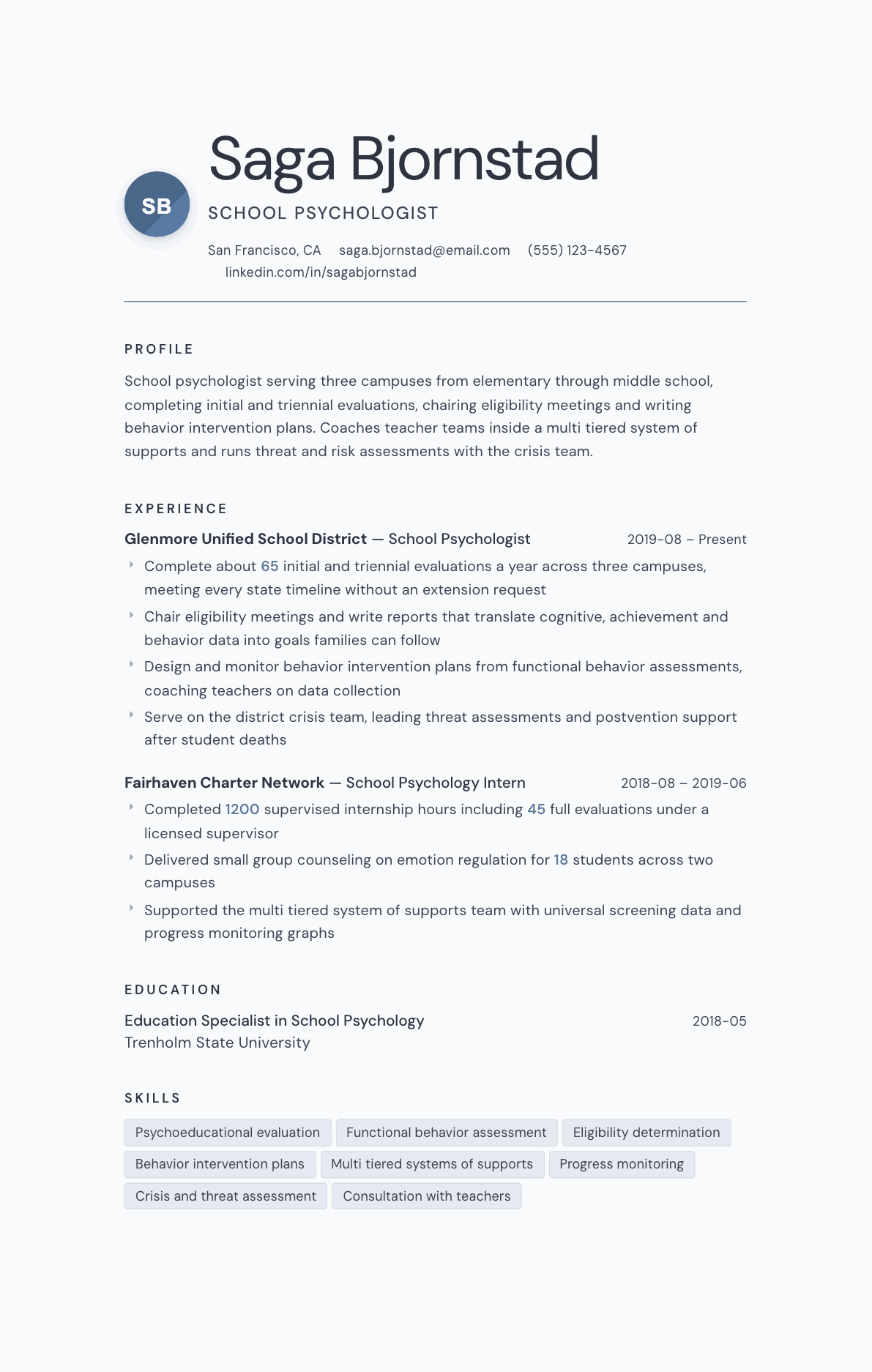 School Psychologist resume example, Nordic template