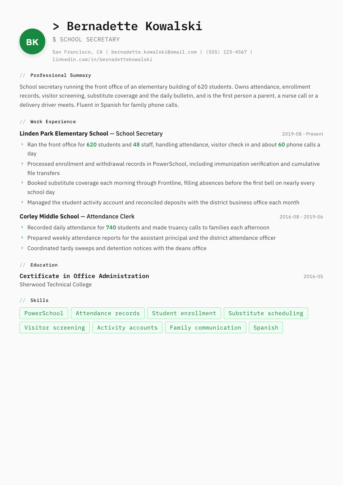 School Secretary resume example, Amsterdam template