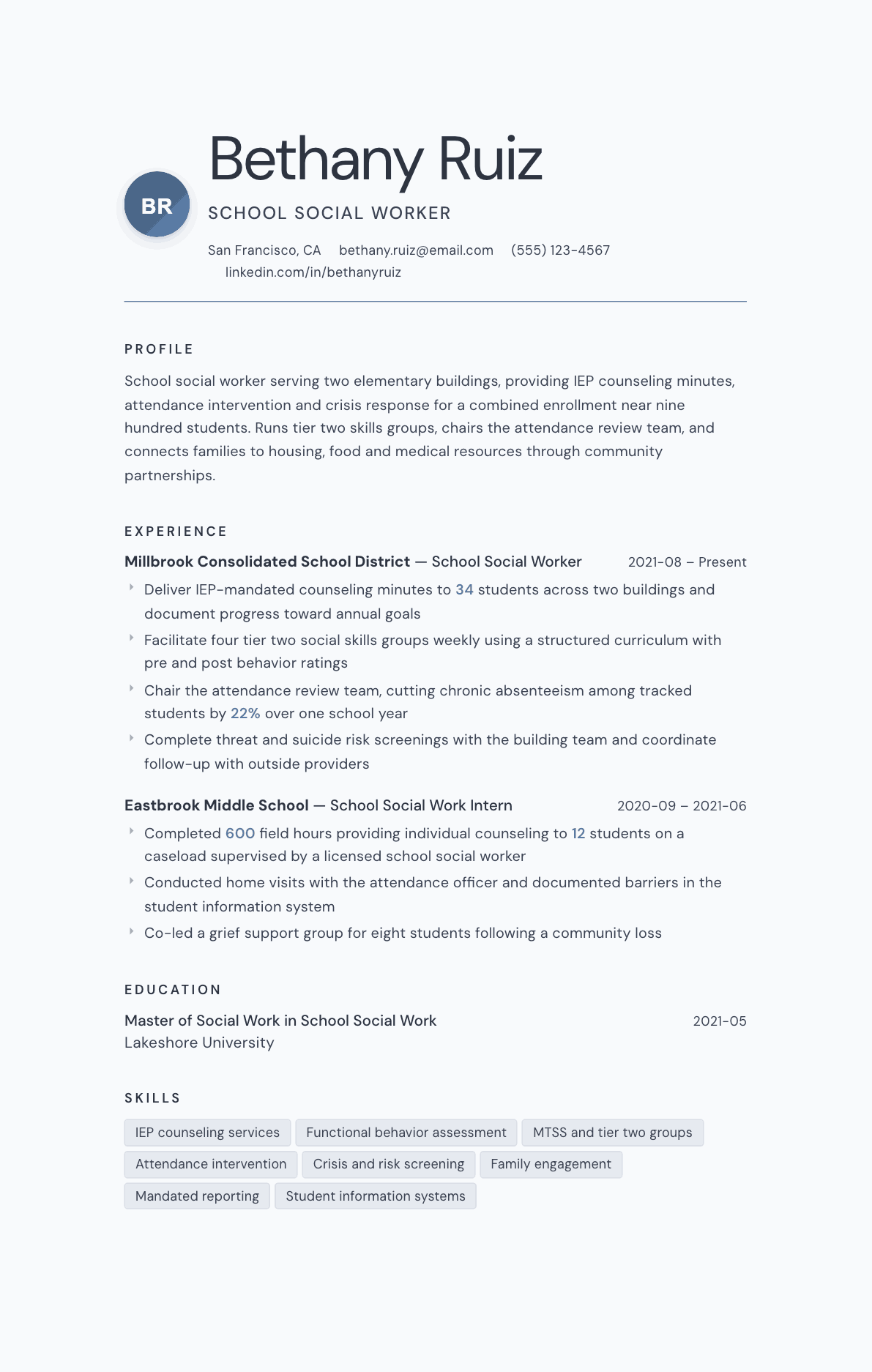 School Social Worker resume example, Nordic template