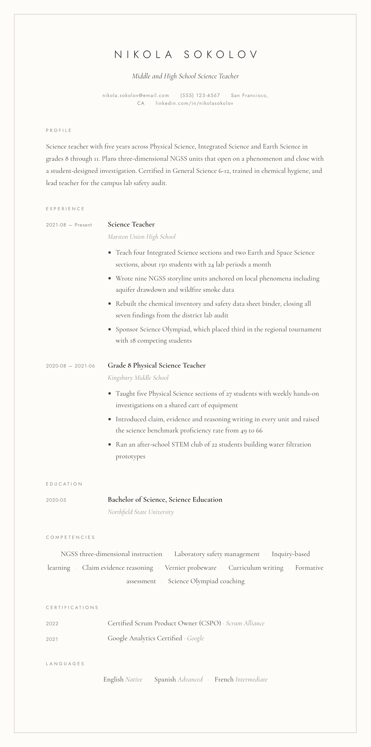 Science Teacher resume example, Vellum template