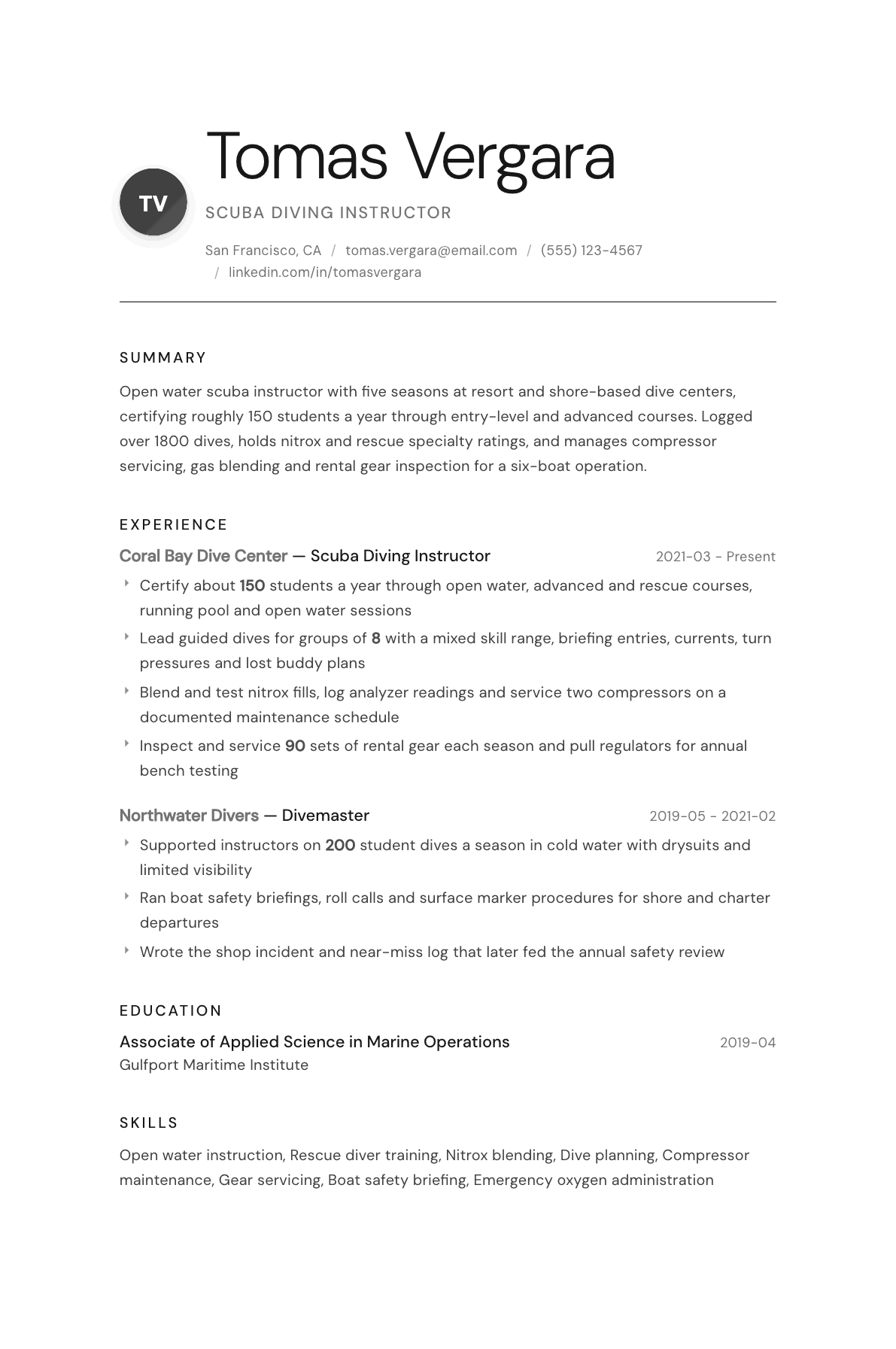 Scuba Instructor resume example, Whisper template