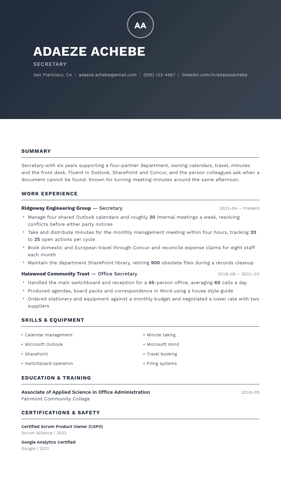 Secretary resume example, Foundation template