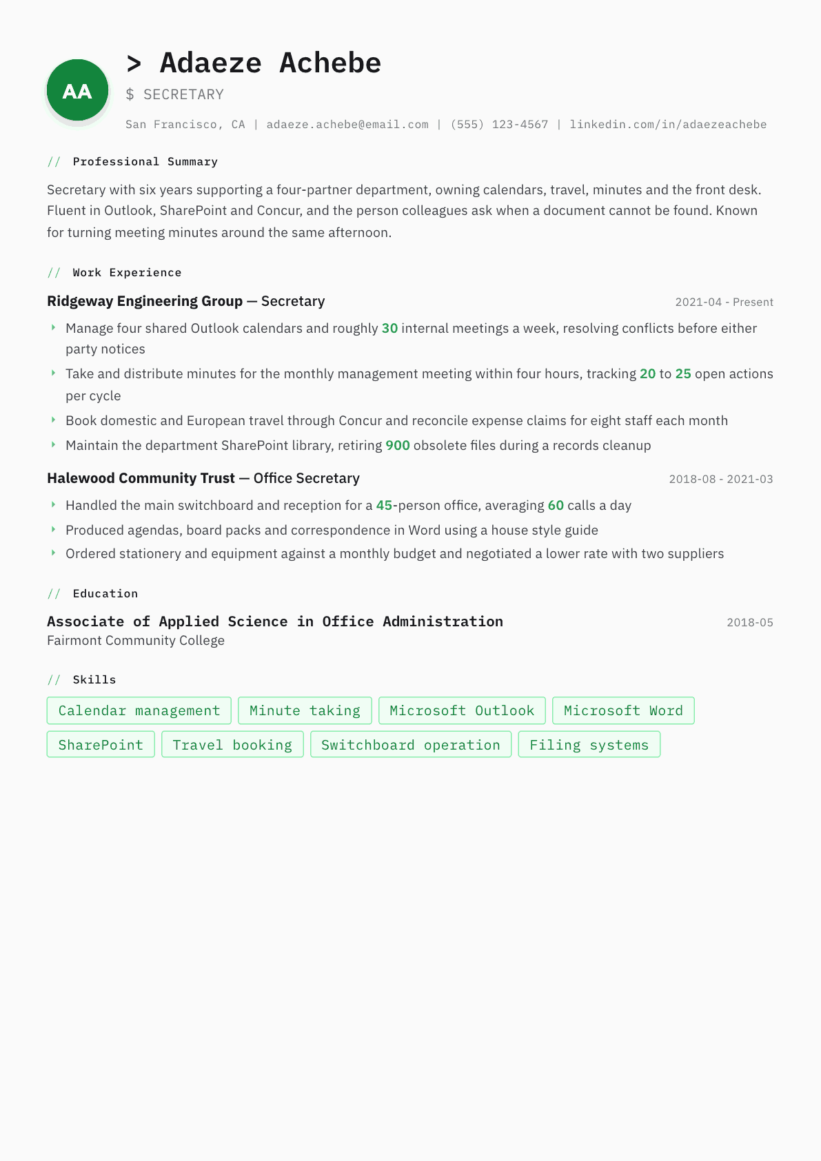 Secretary resume example, Amsterdam template