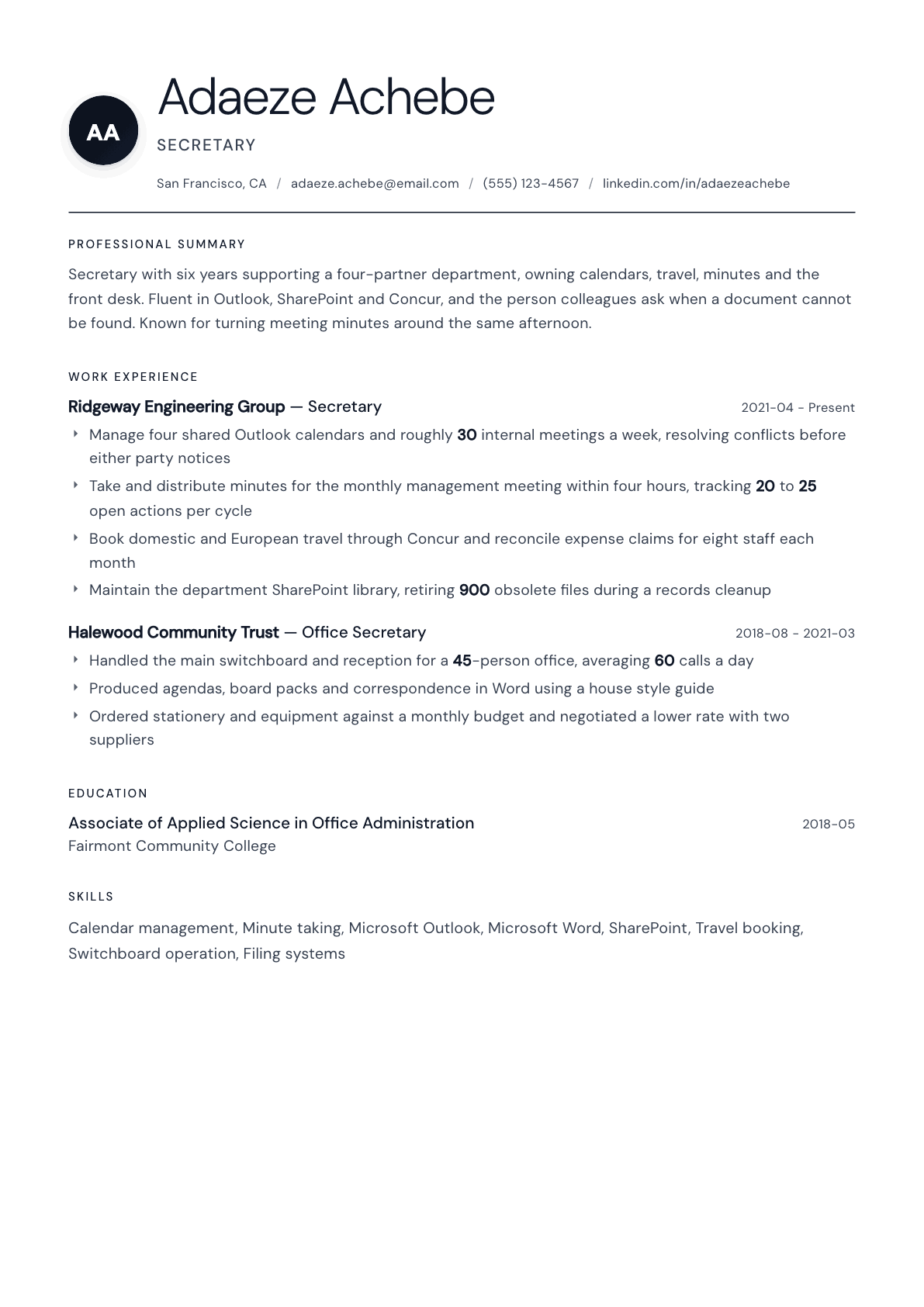 Secretary resume example, Stockholm template