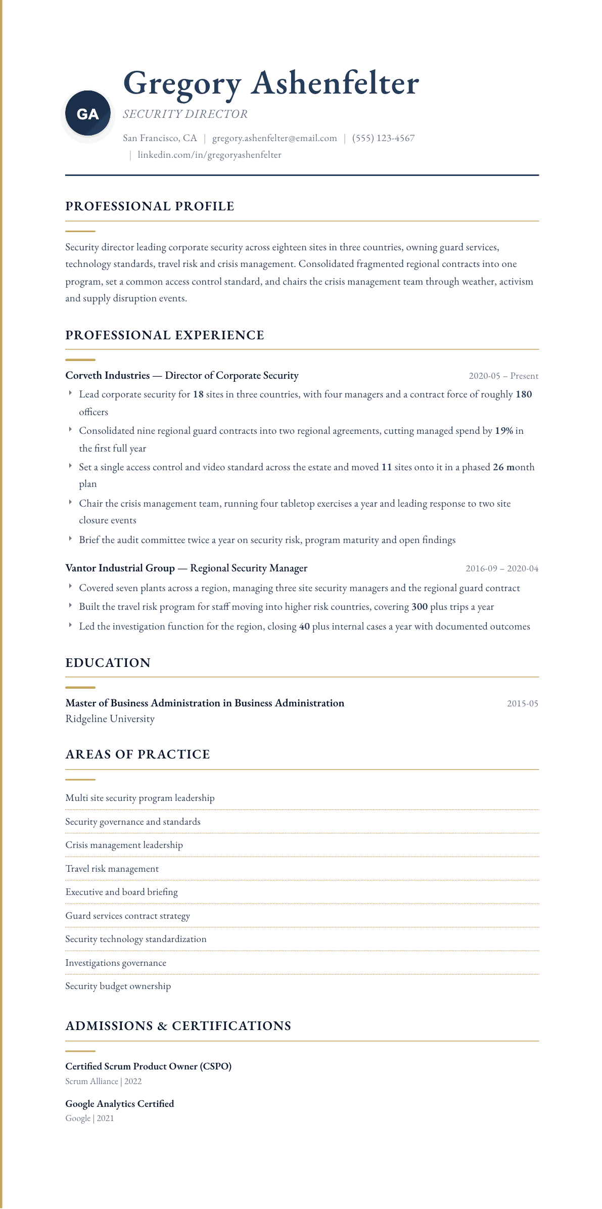 Security Director resume example, Folio template
