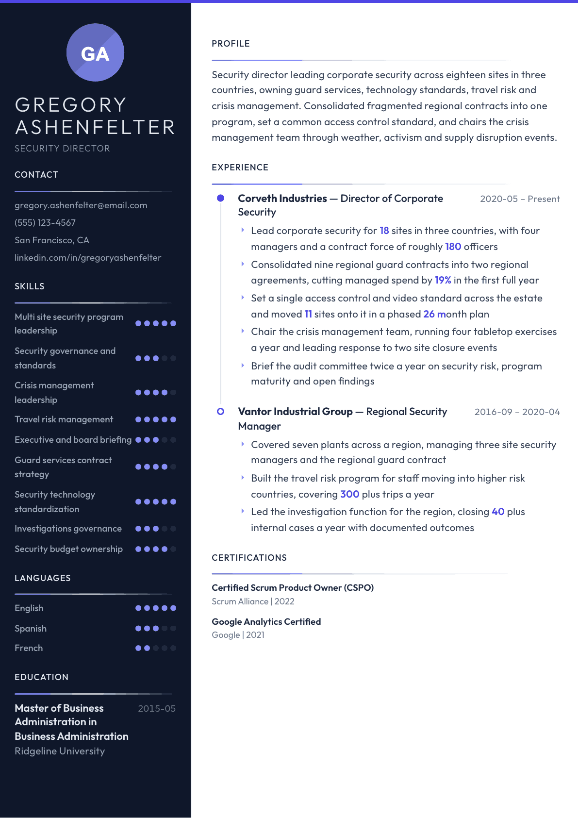 Security Director resume example, Zenith template