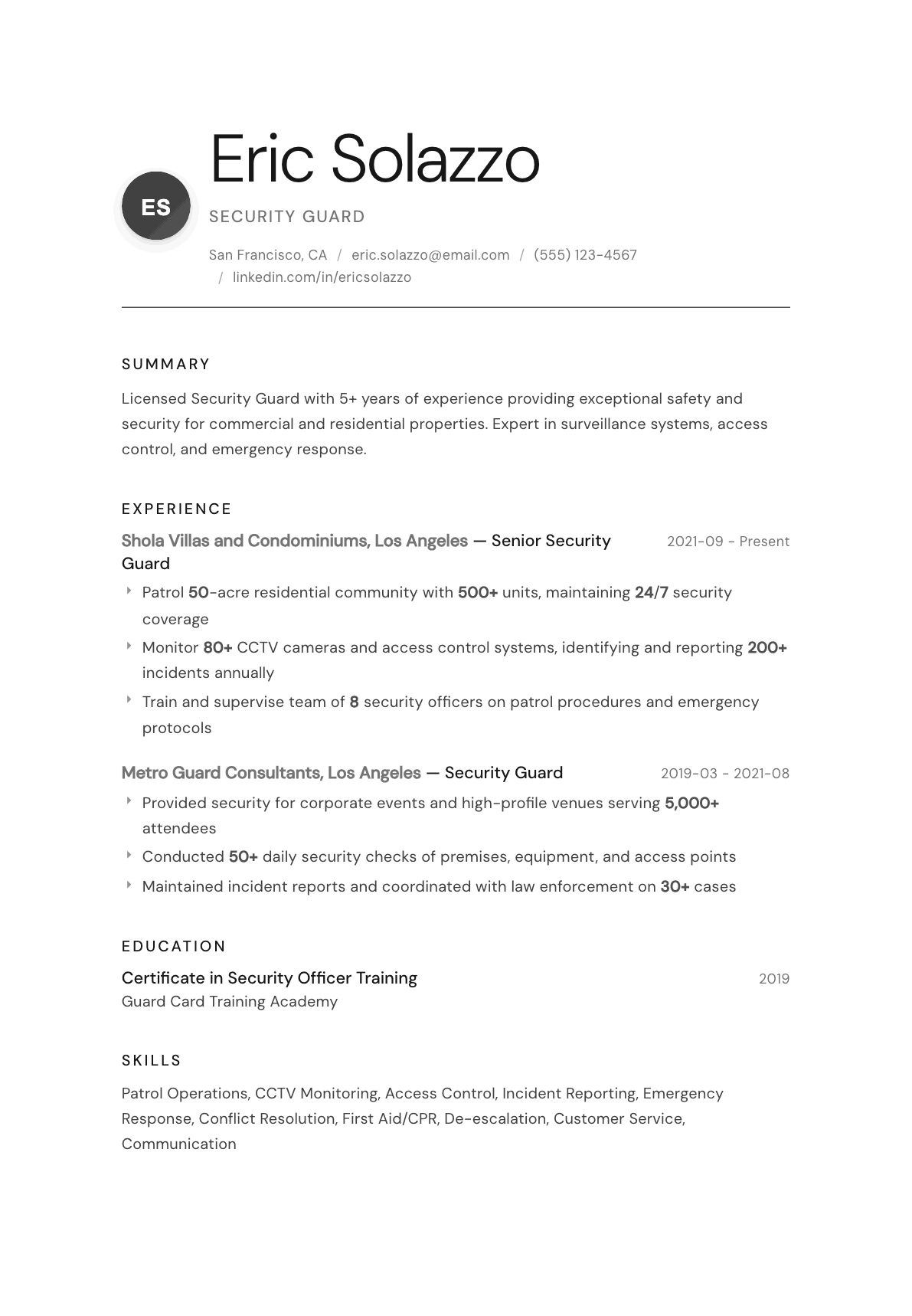 Security Guard resume example, Whisper template