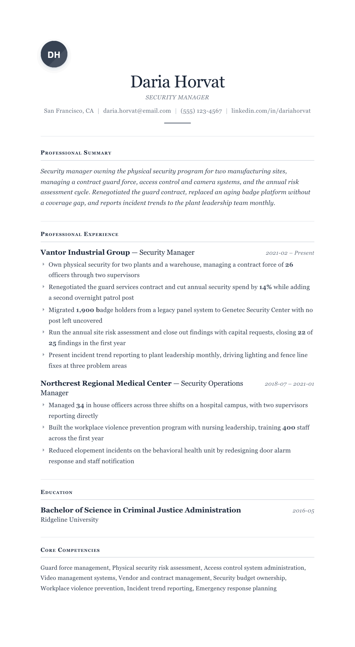 Security Manager resume example, Cornerstone template