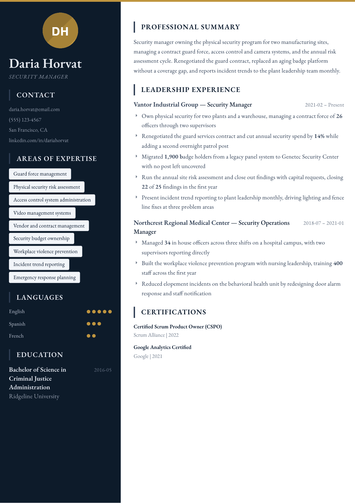 Security Manager resume example, Presidio template