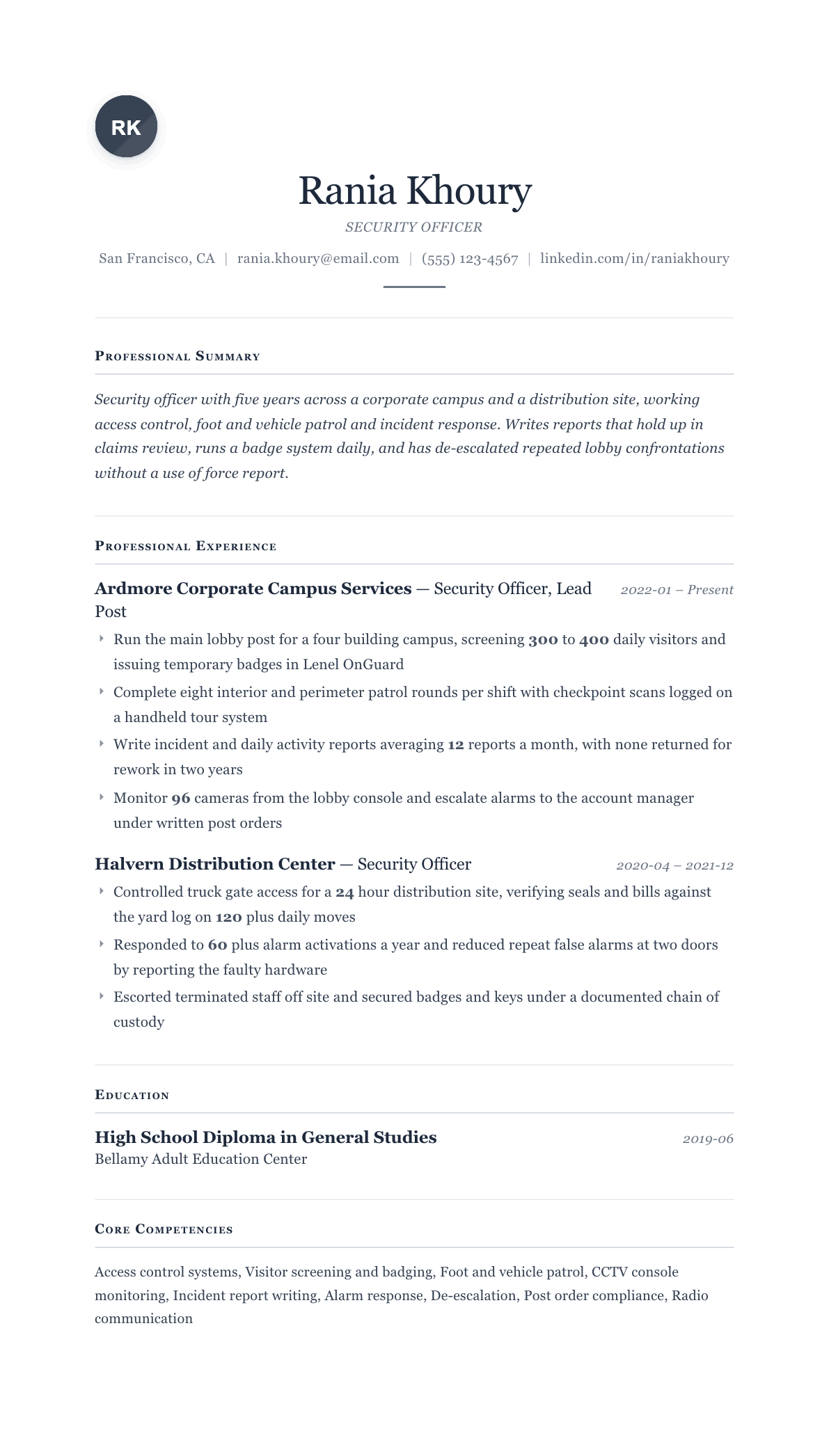 Security Officer resume example, Cornerstone template