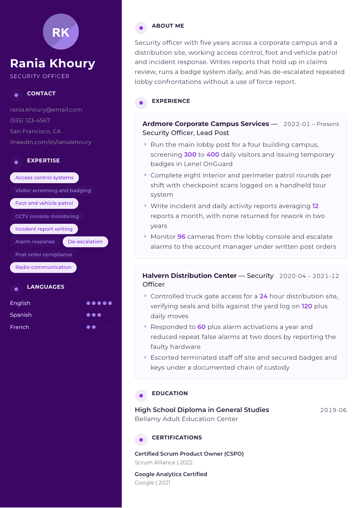 Security Officer resume example, Palette template