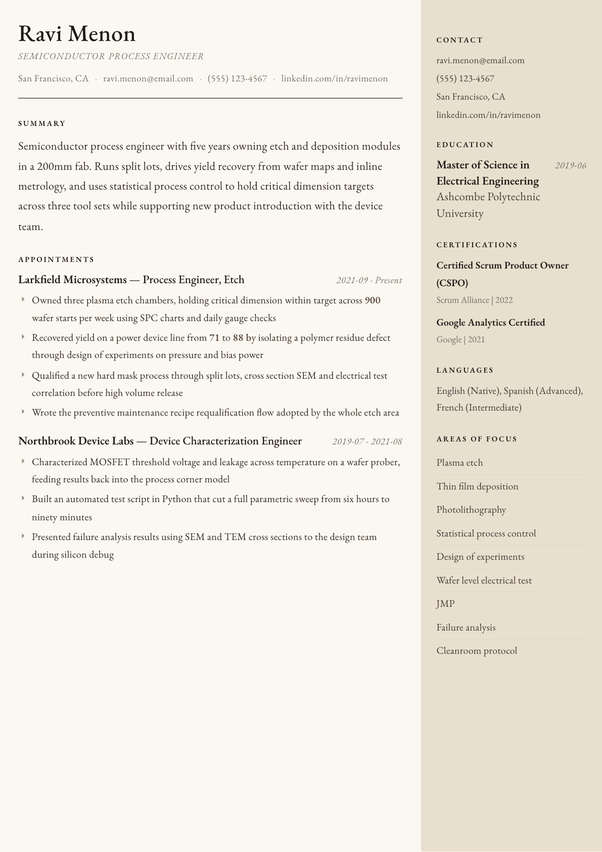 Semiconductor Engineer resume example, Manuscript template