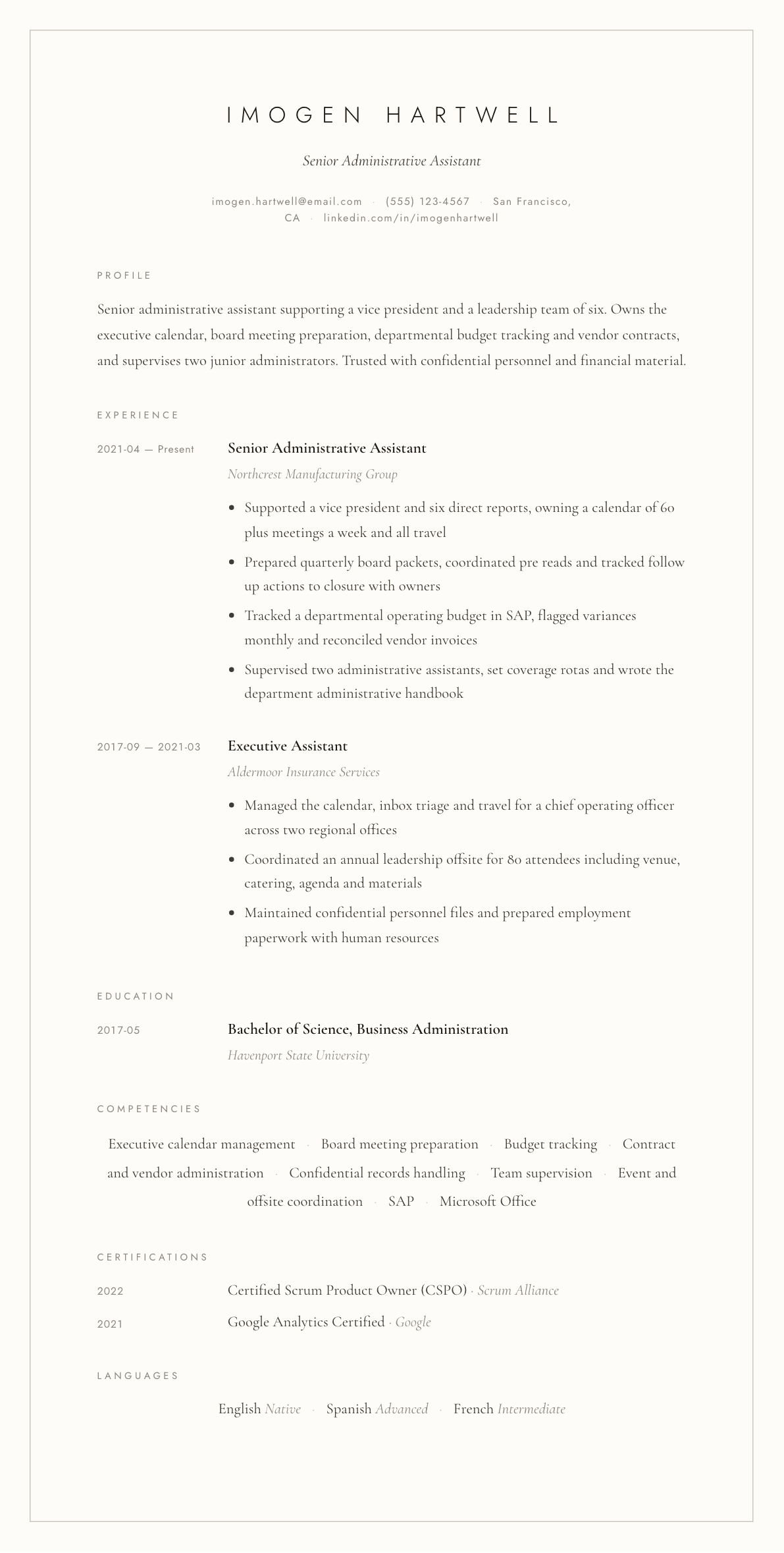 Senior Administrative Assistant resume example, Vellum template
