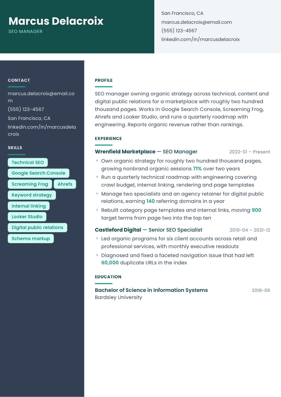 SEO Manager resume example, Spectrum template