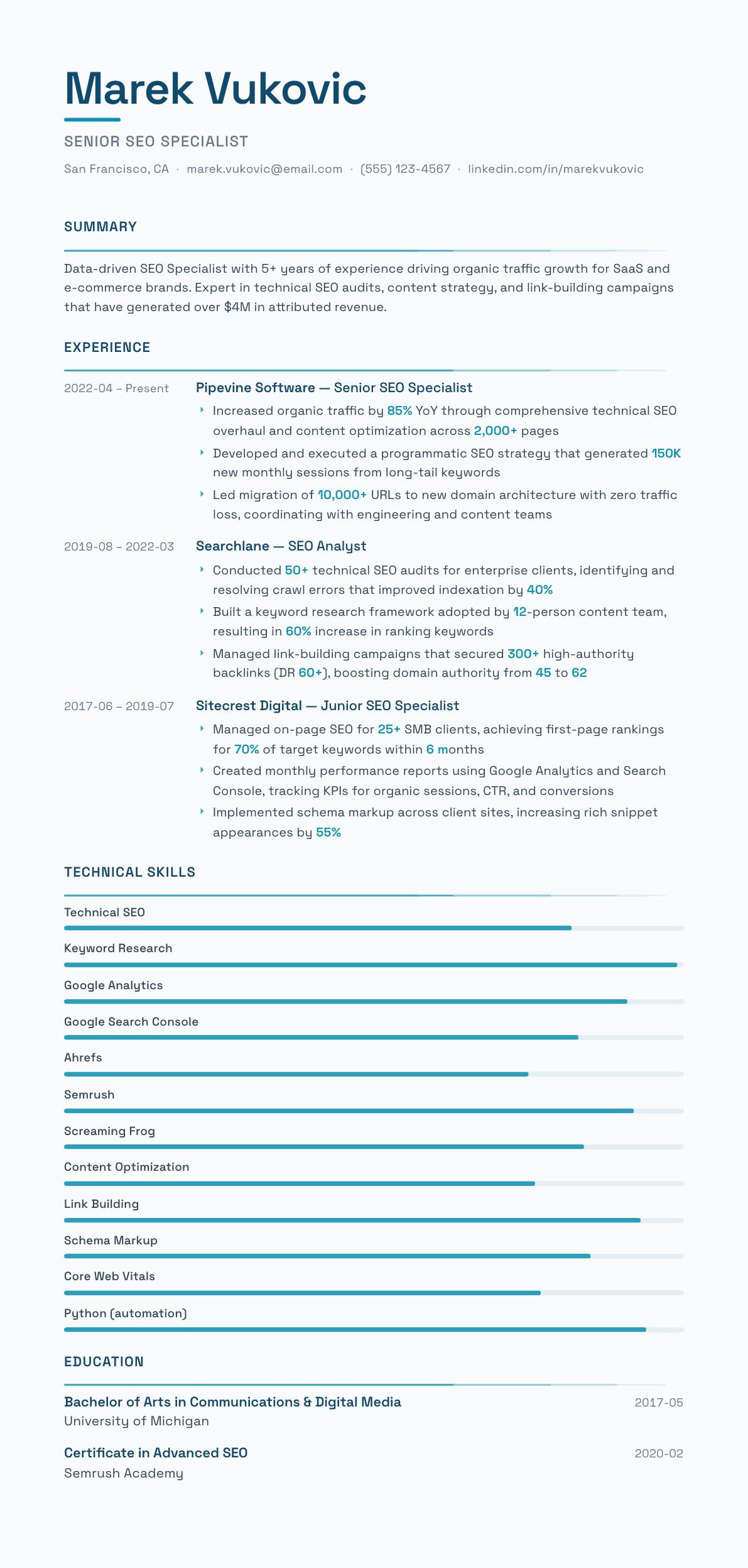SEO Specialist resume example, Velocity template