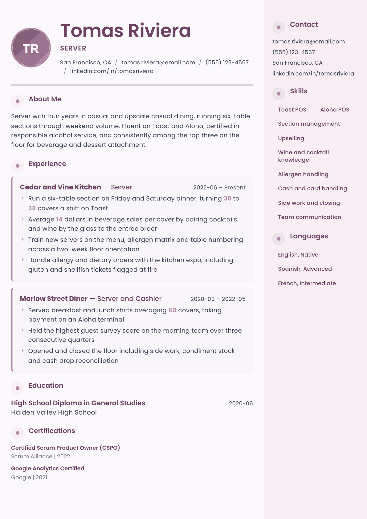 Server resume example, Bloom template