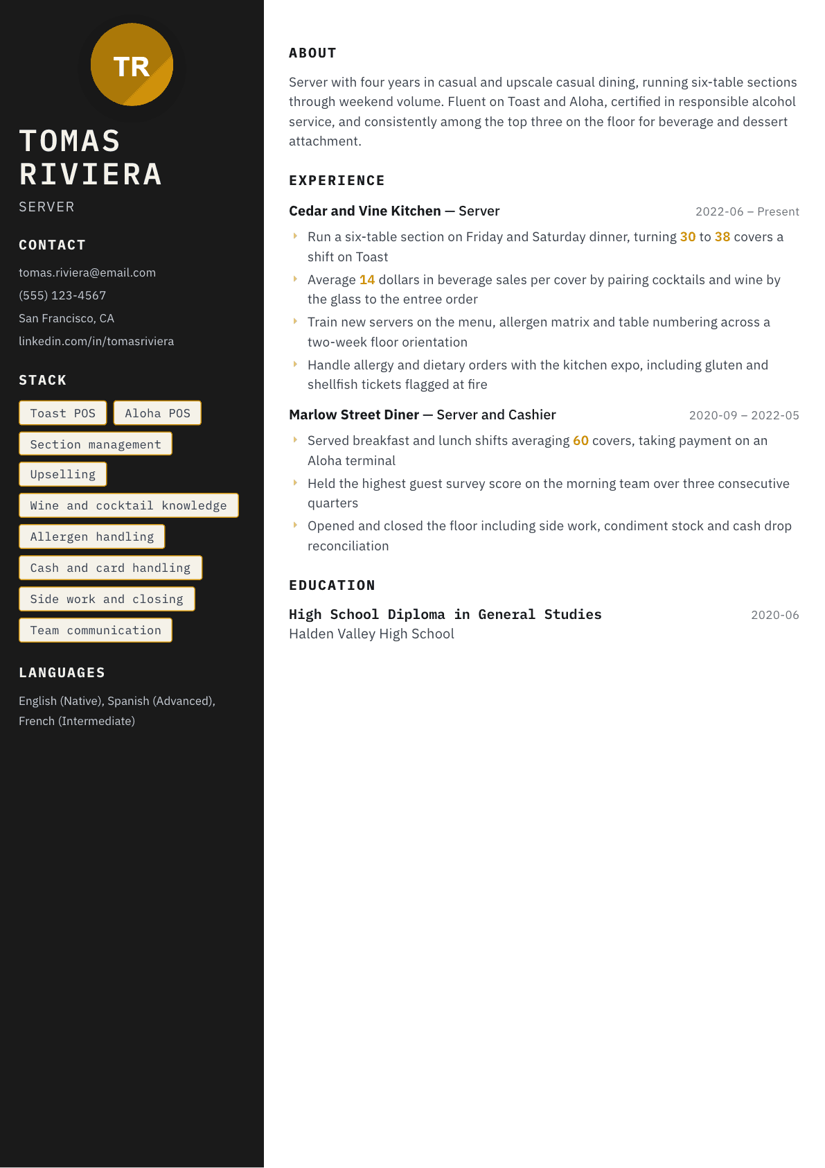 Server resume example, Neon template