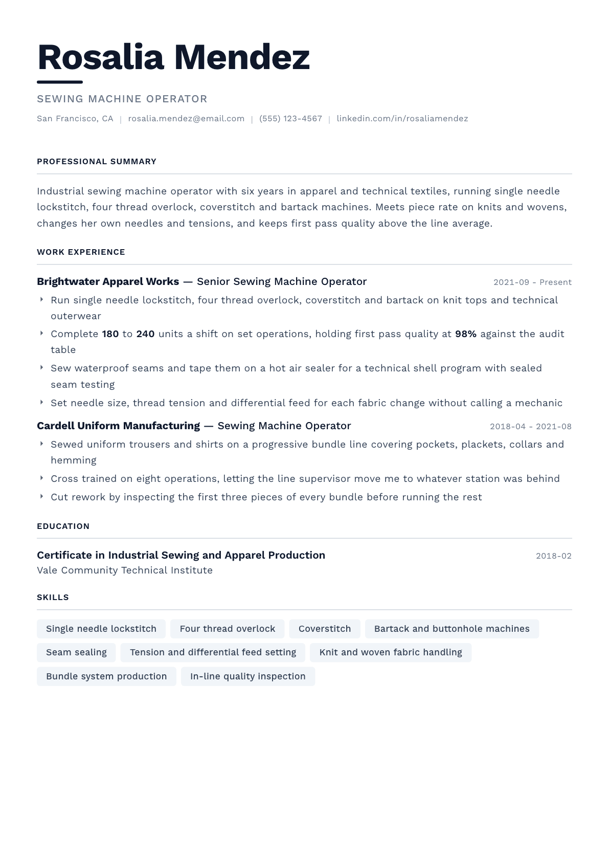Sewing Machine Operator resume example, Berlin template