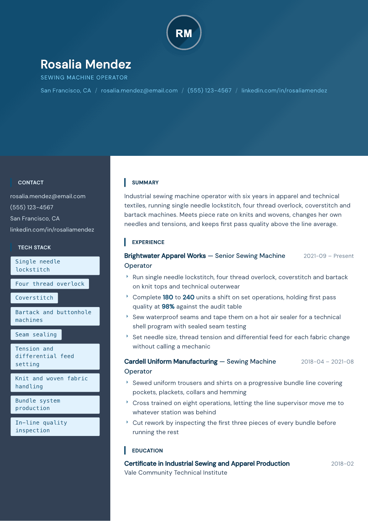 Sewing Machine Operator resume example, Prism template