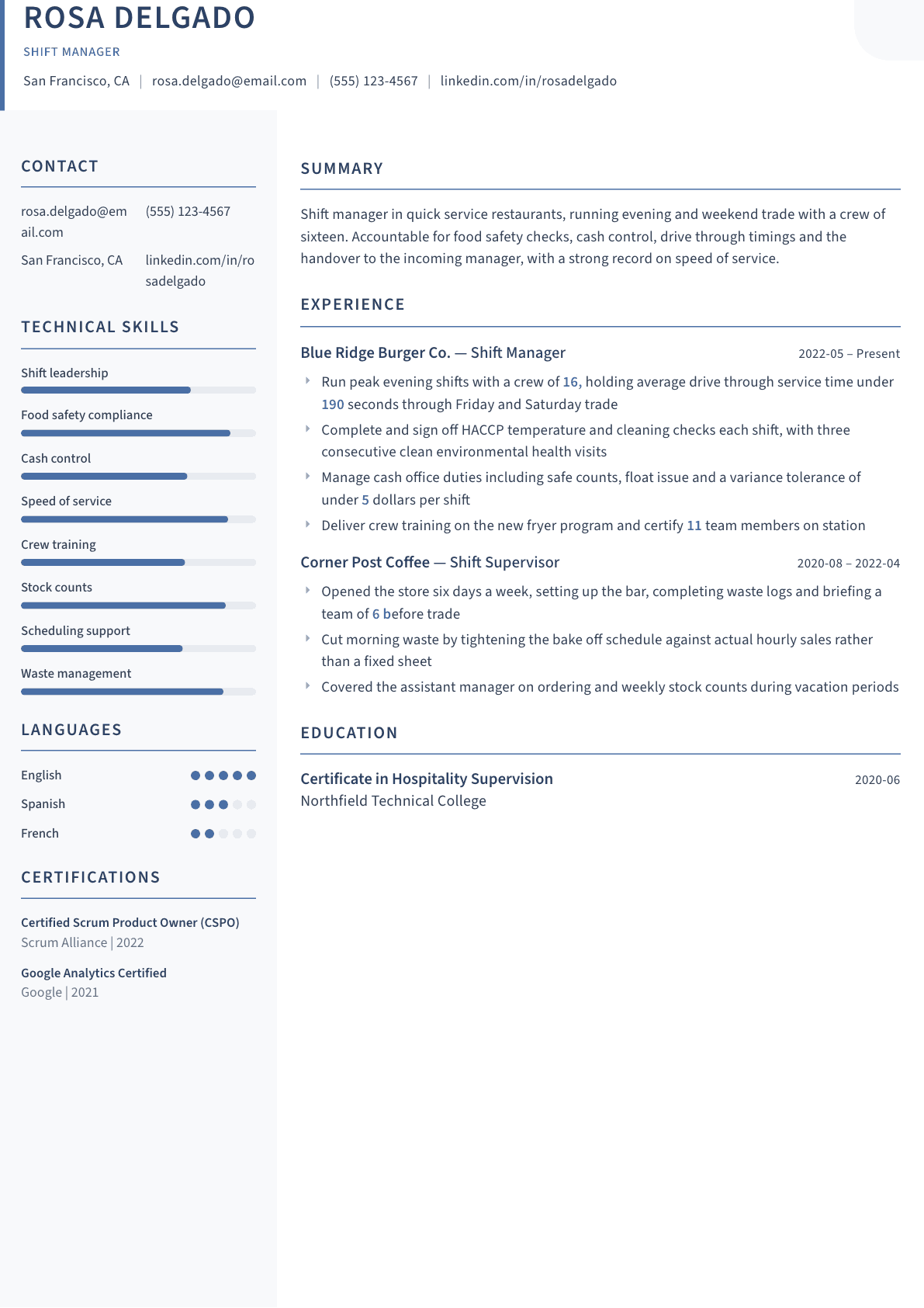 Shift Manager resume example, Summit template
