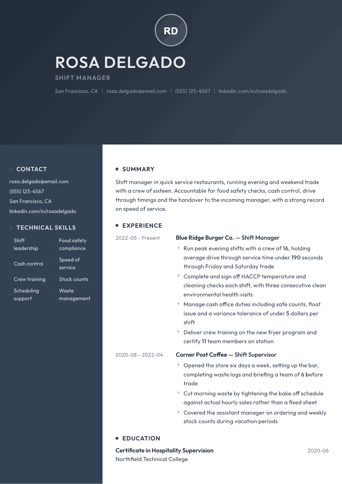 Shift Manager resume example, Binary template