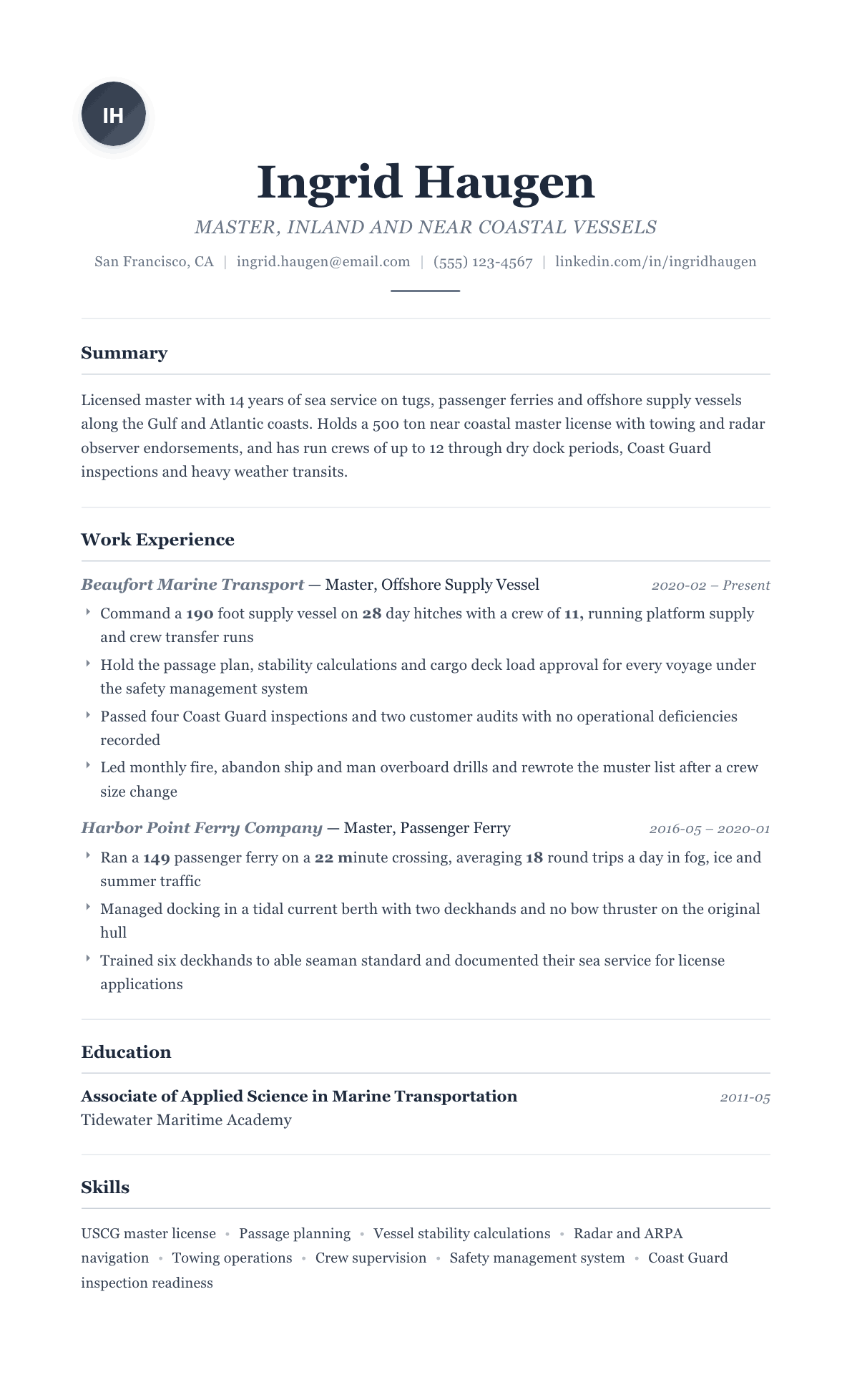Ship Captain resume example, Classic template