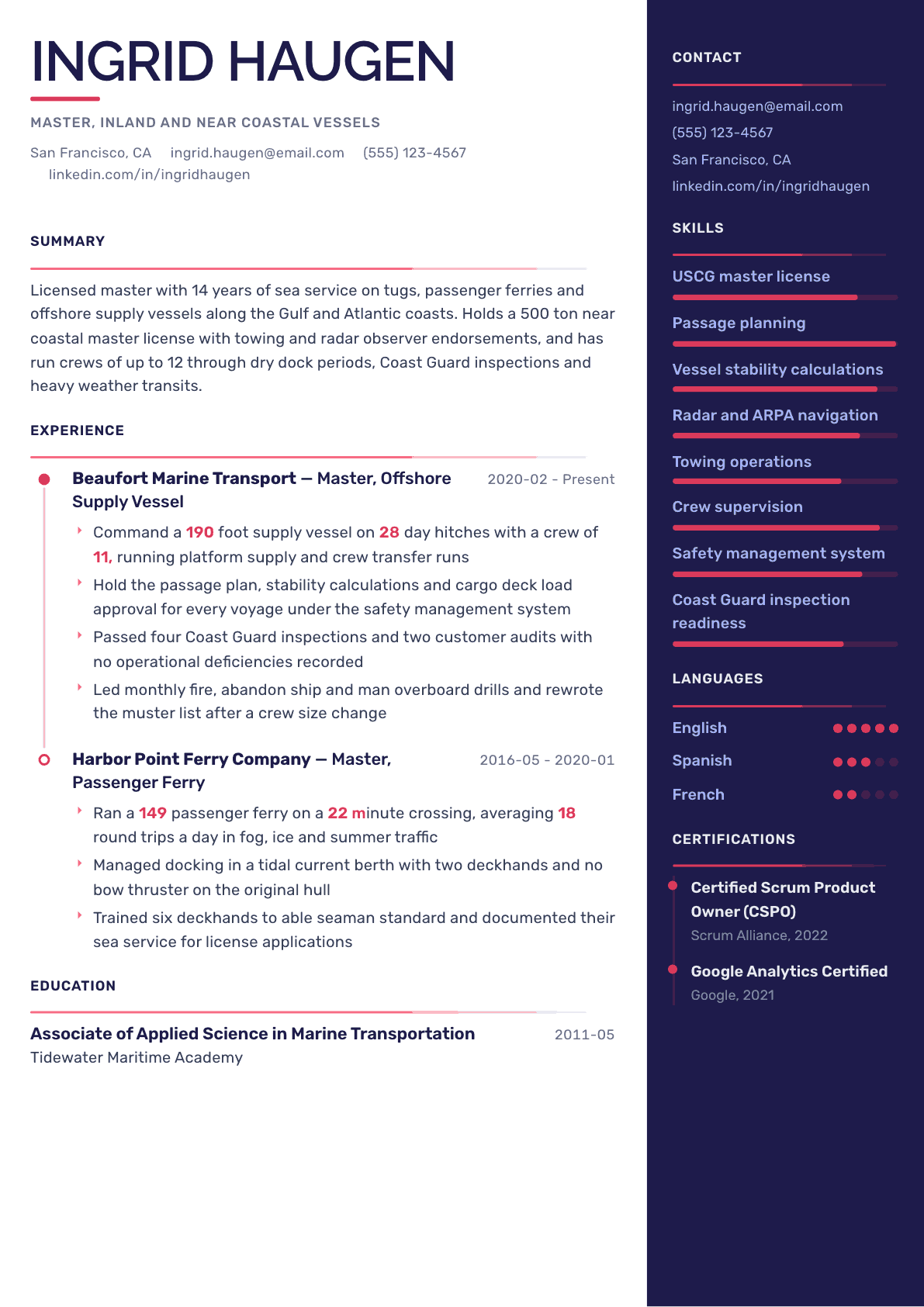 Ship Captain resume example, Obsidian Dark template
