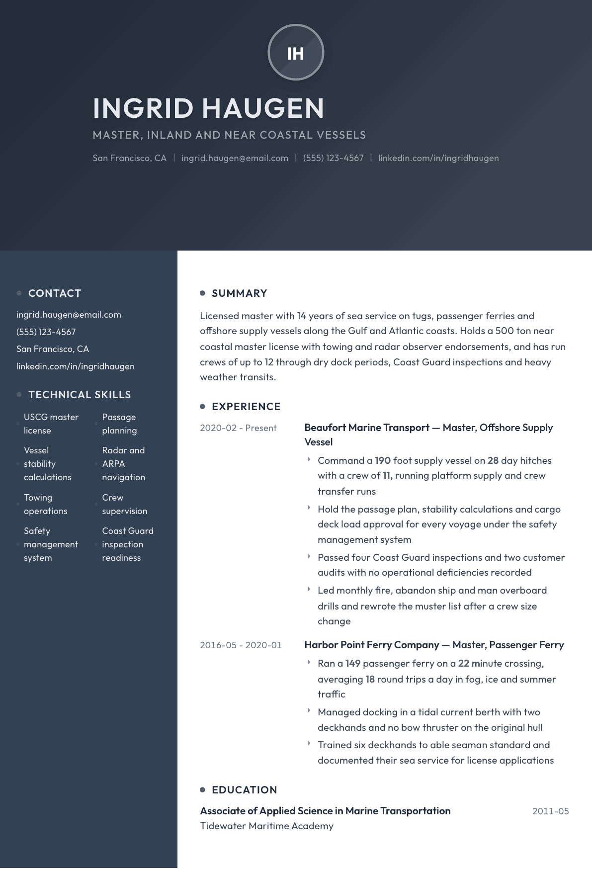 Ship Captain resume example, Binary template