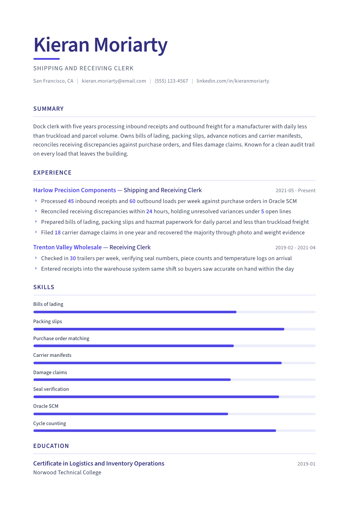 Shipping and Receiving Clerk resume example, Logic template