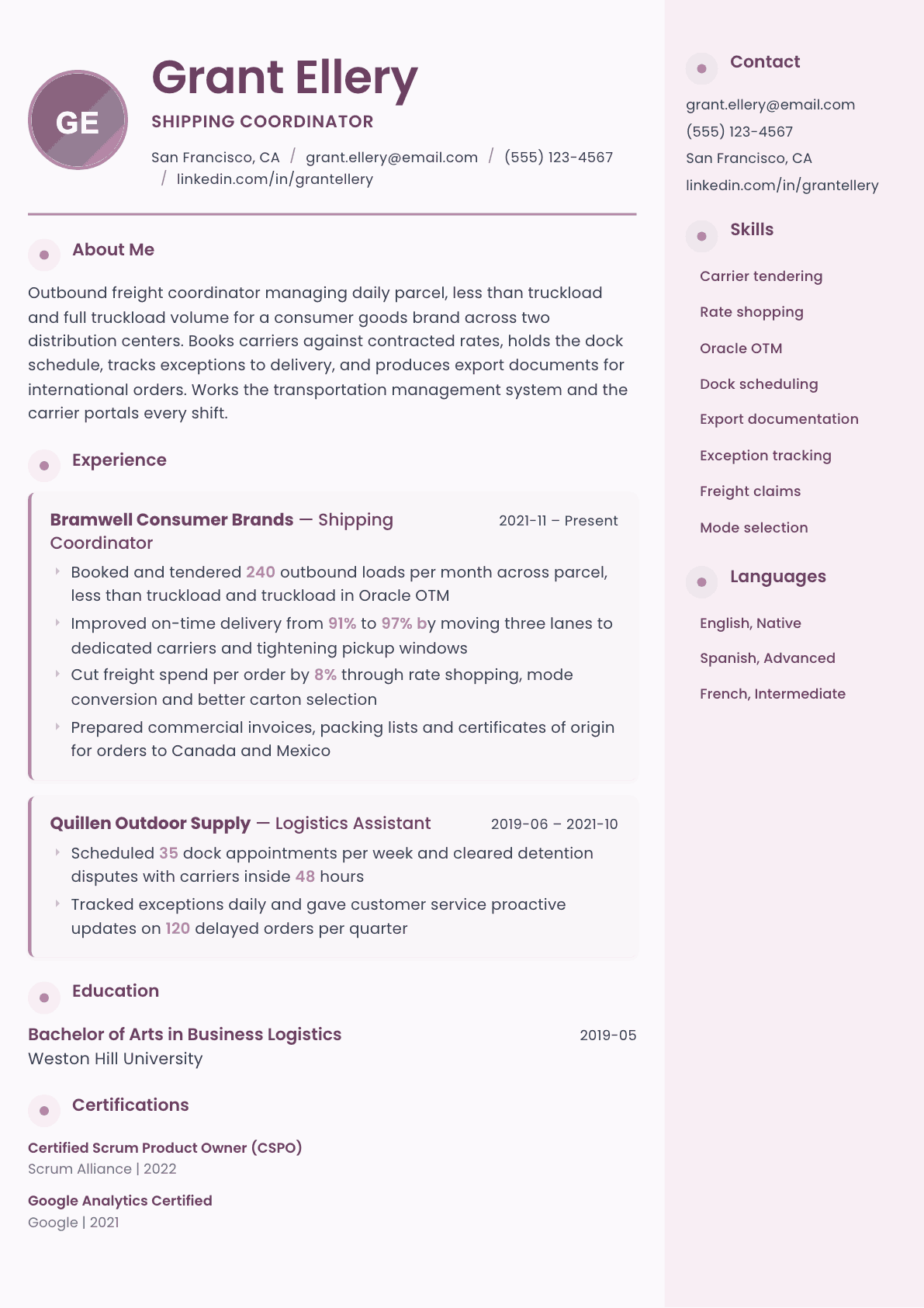 Shipping Coordinator resume example, Bloom template