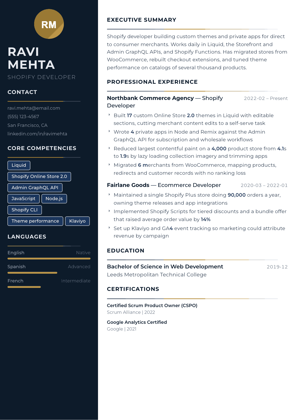 Shopify Developer resume example, Catalyst template