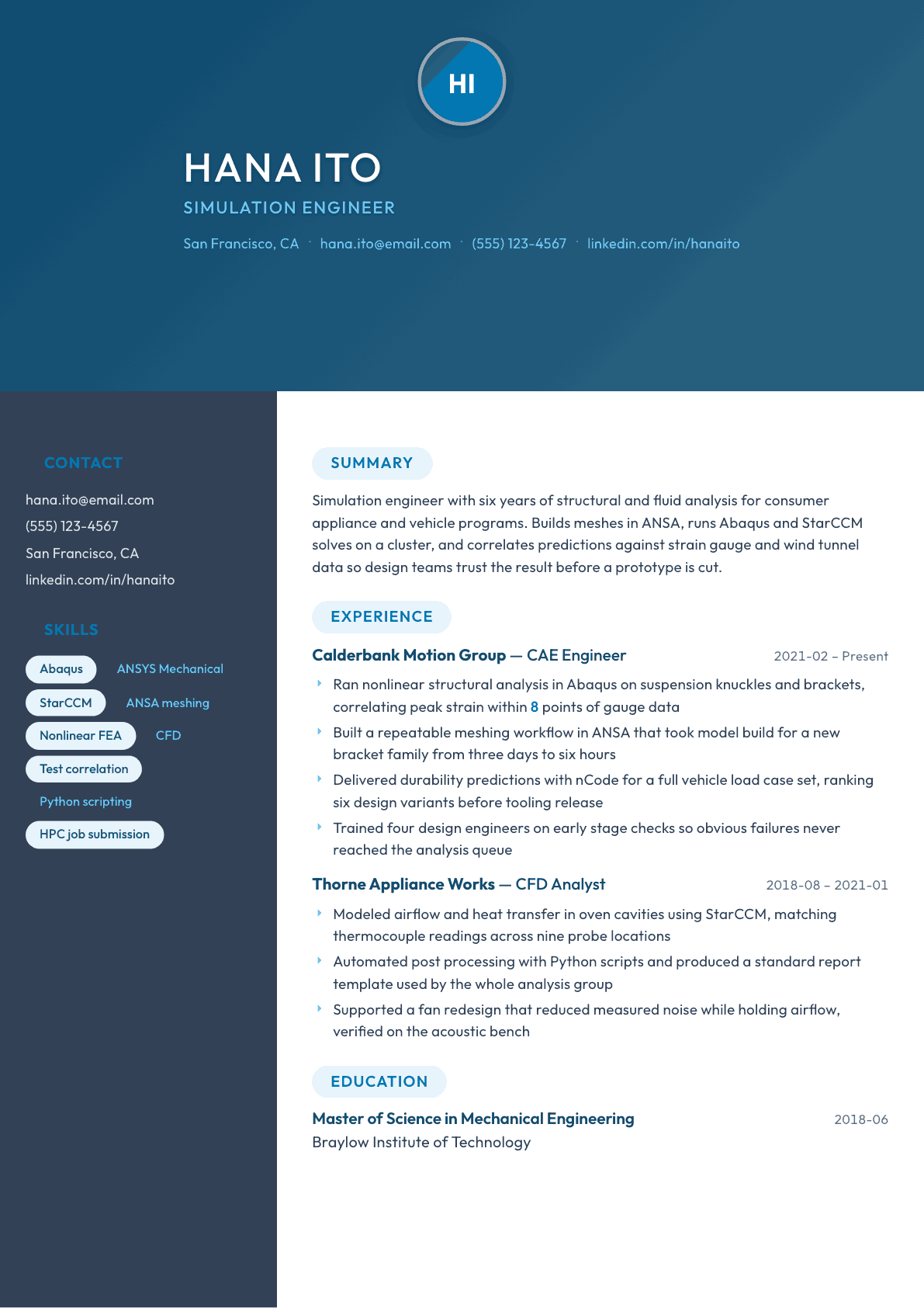 Simulation Engineer resume example, Nexus template