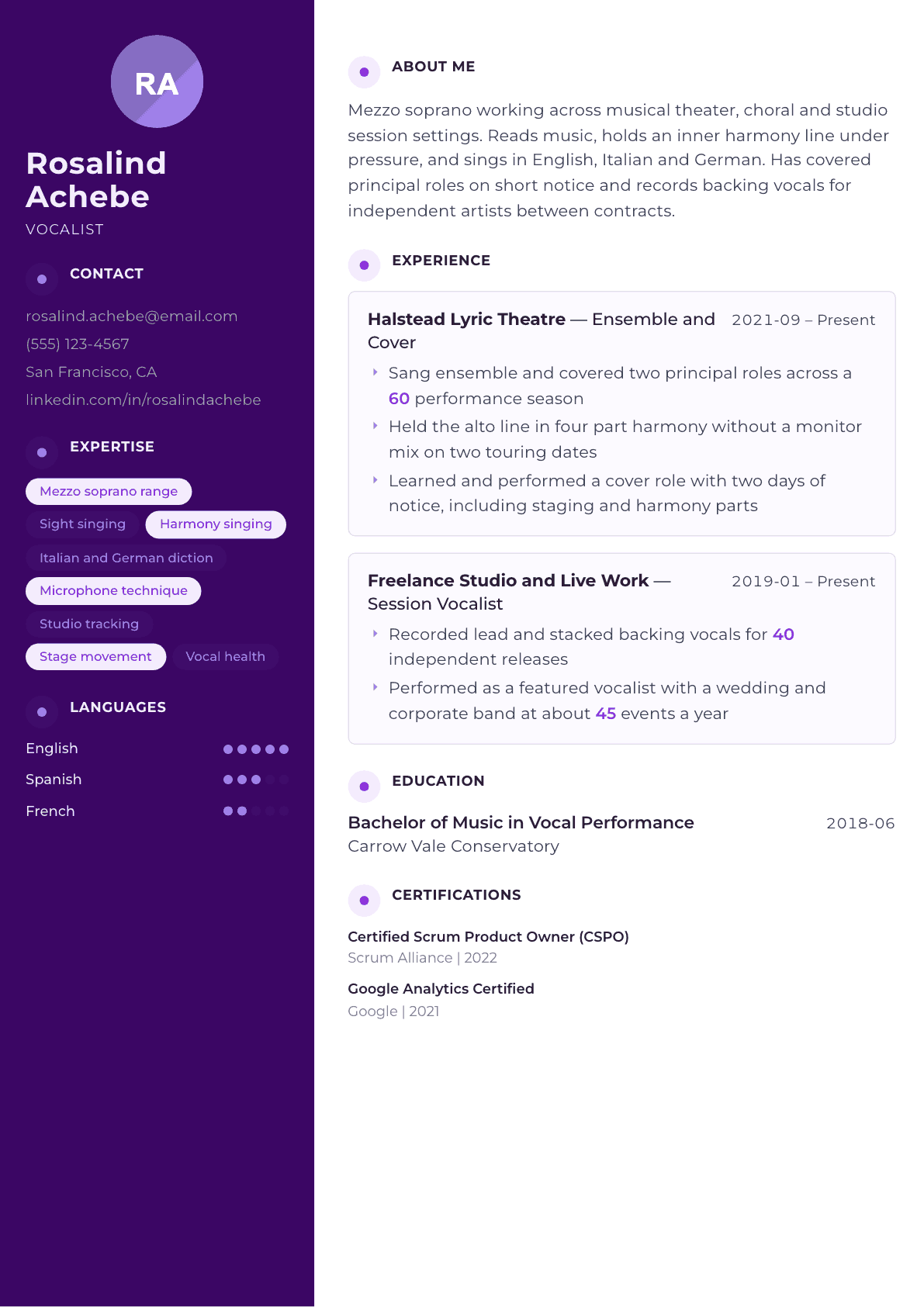 Singer resume example, Palette template