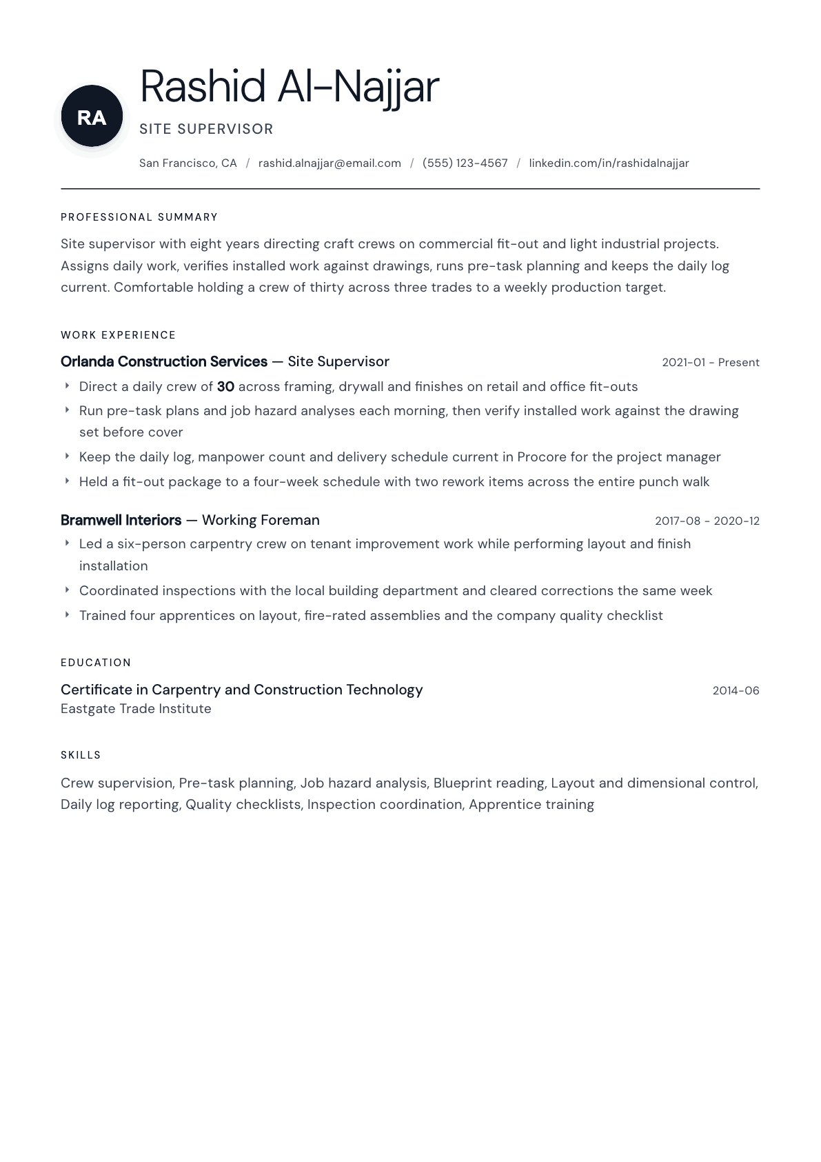 Site Supervisor resume example, Stockholm template
