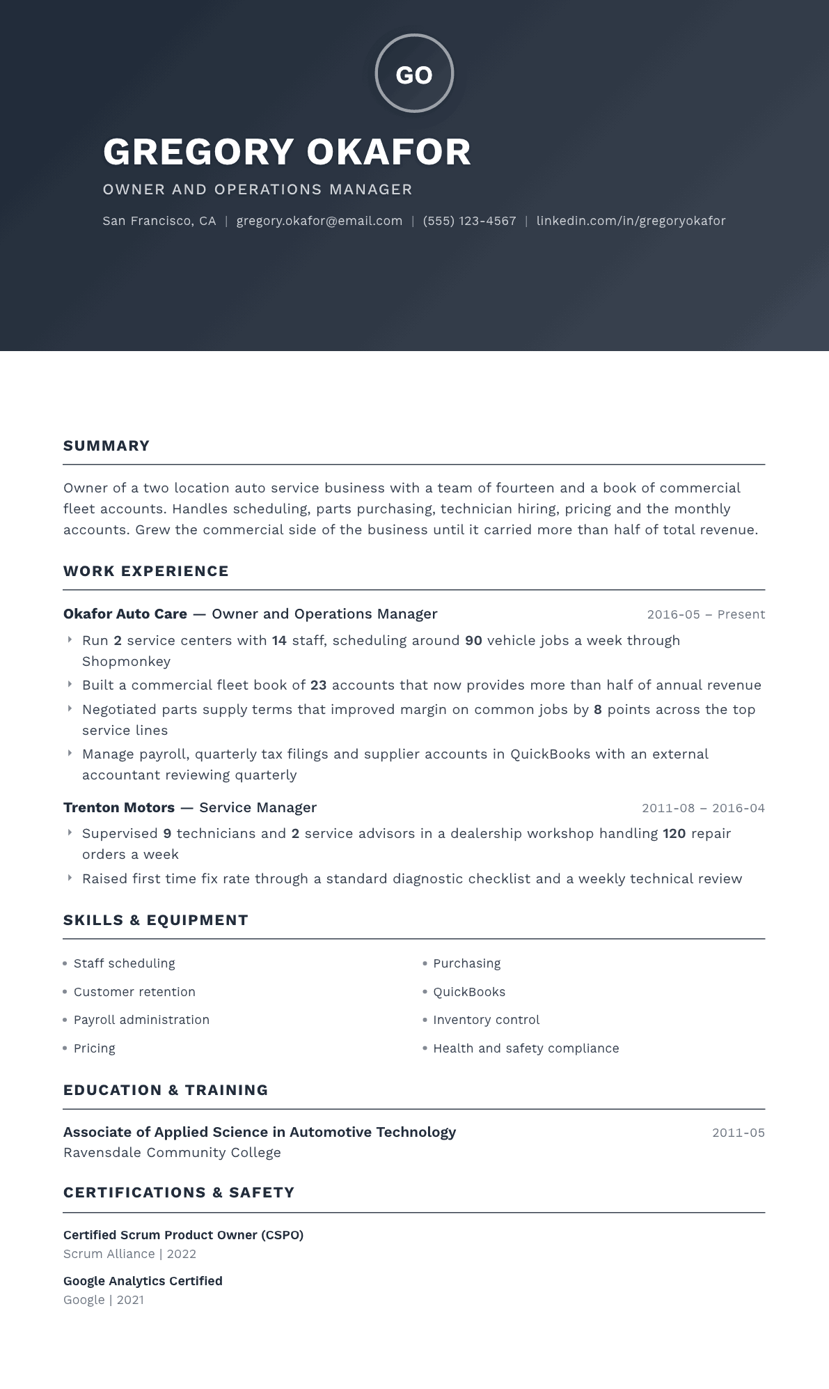 Small Business Owner resume example, Foundation template