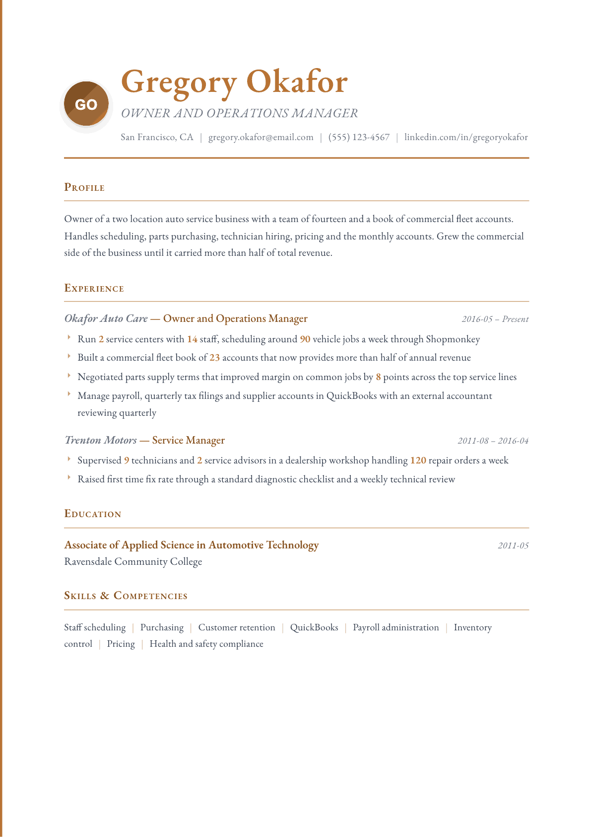 Small Business Owner resume example, Timeless template