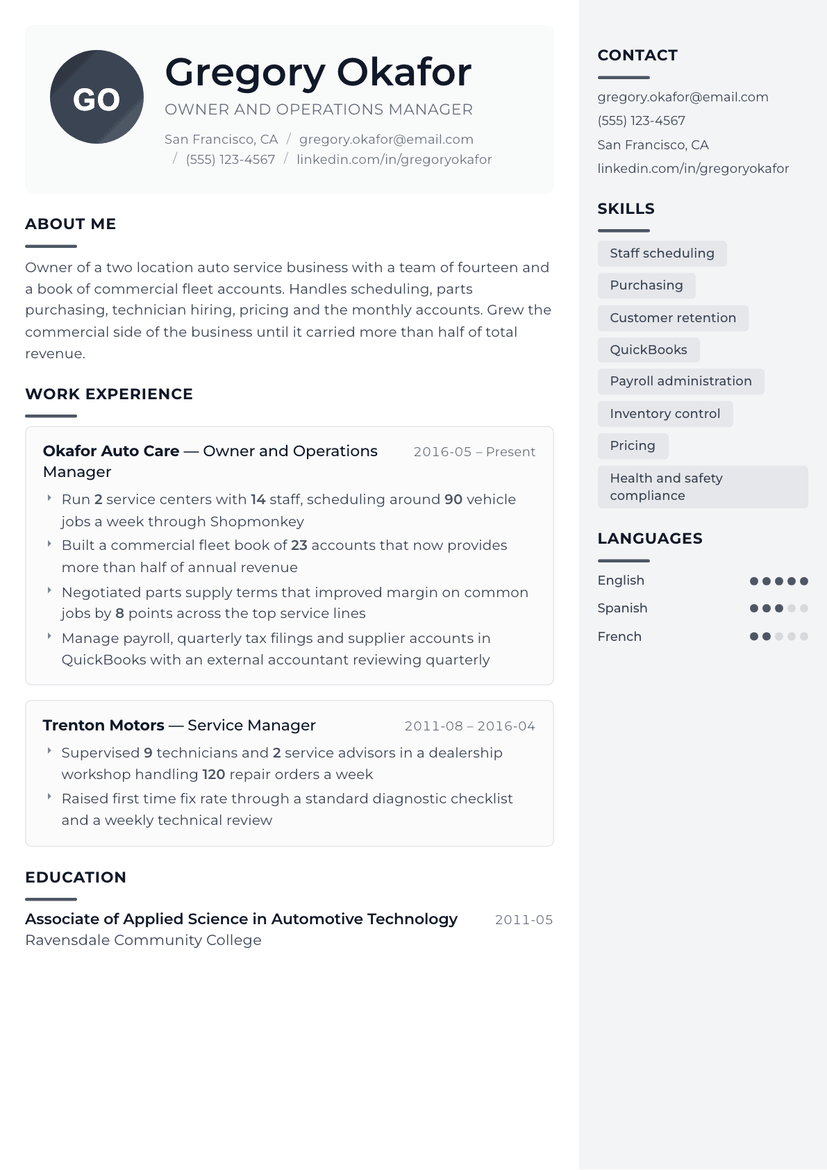 Small Business Owner resume example, Metropolitan template
