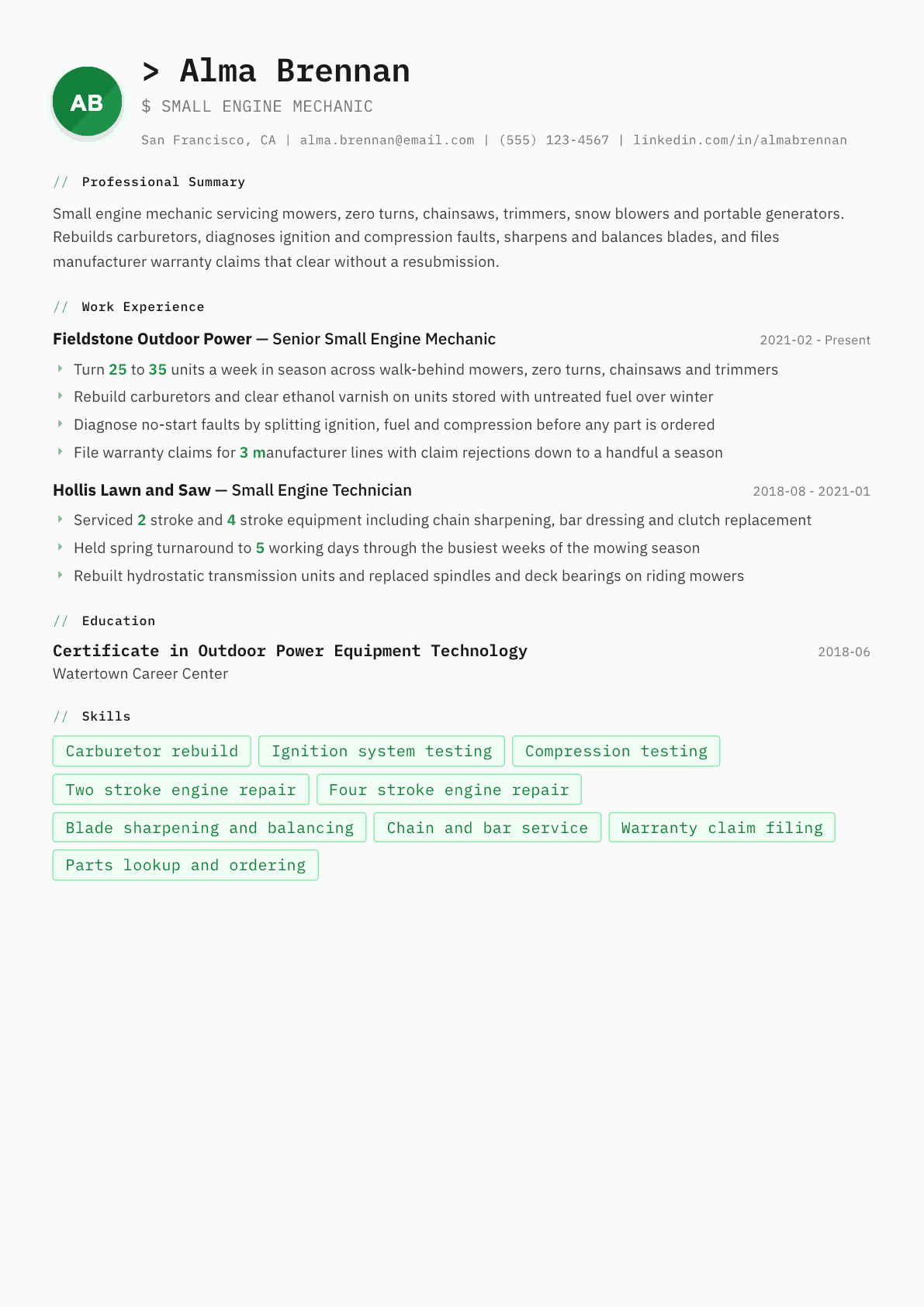 Small Engine Mechanic resume example, Amsterdam template