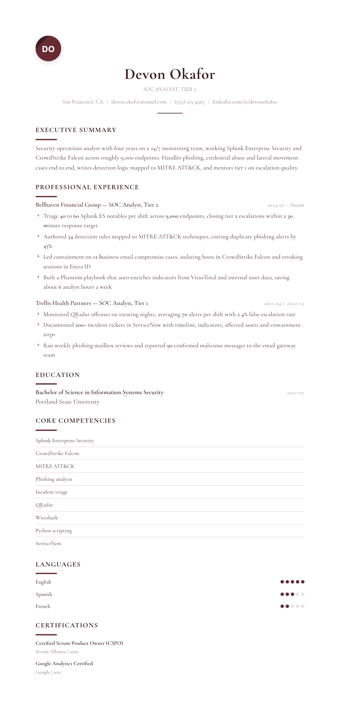SOC Analyst resume example, Diplomat template
