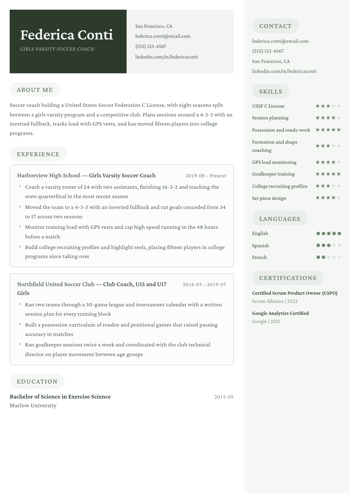 Soccer Coach resume example, Mayfair template