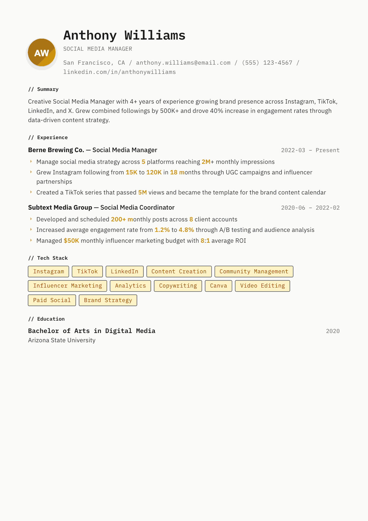 Social Media Manager resume example, Inkwell template