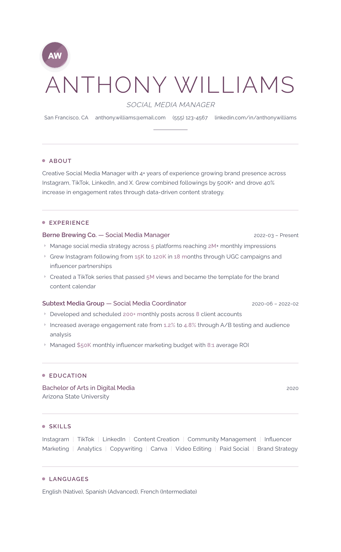Social Media Manager resume example, Serenity template