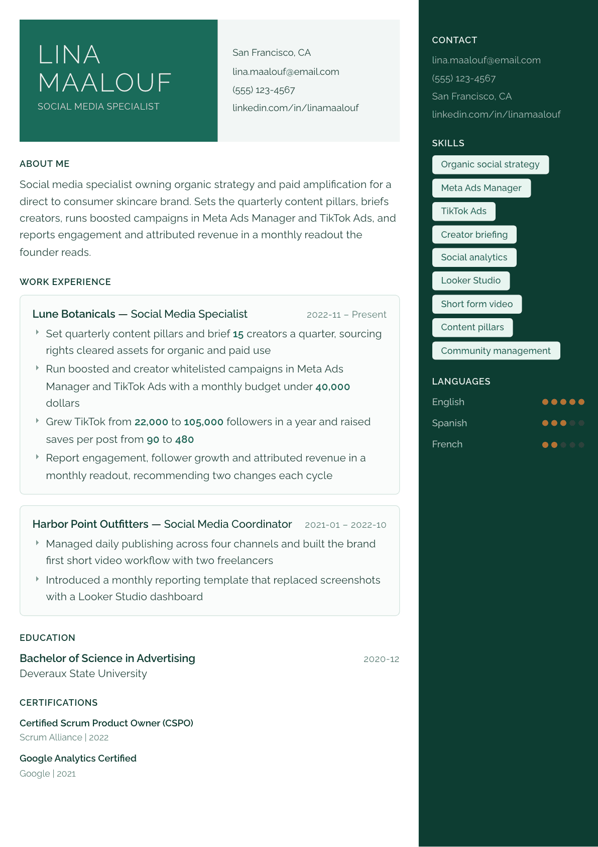 Social Media Specialist resume example, Aurora template