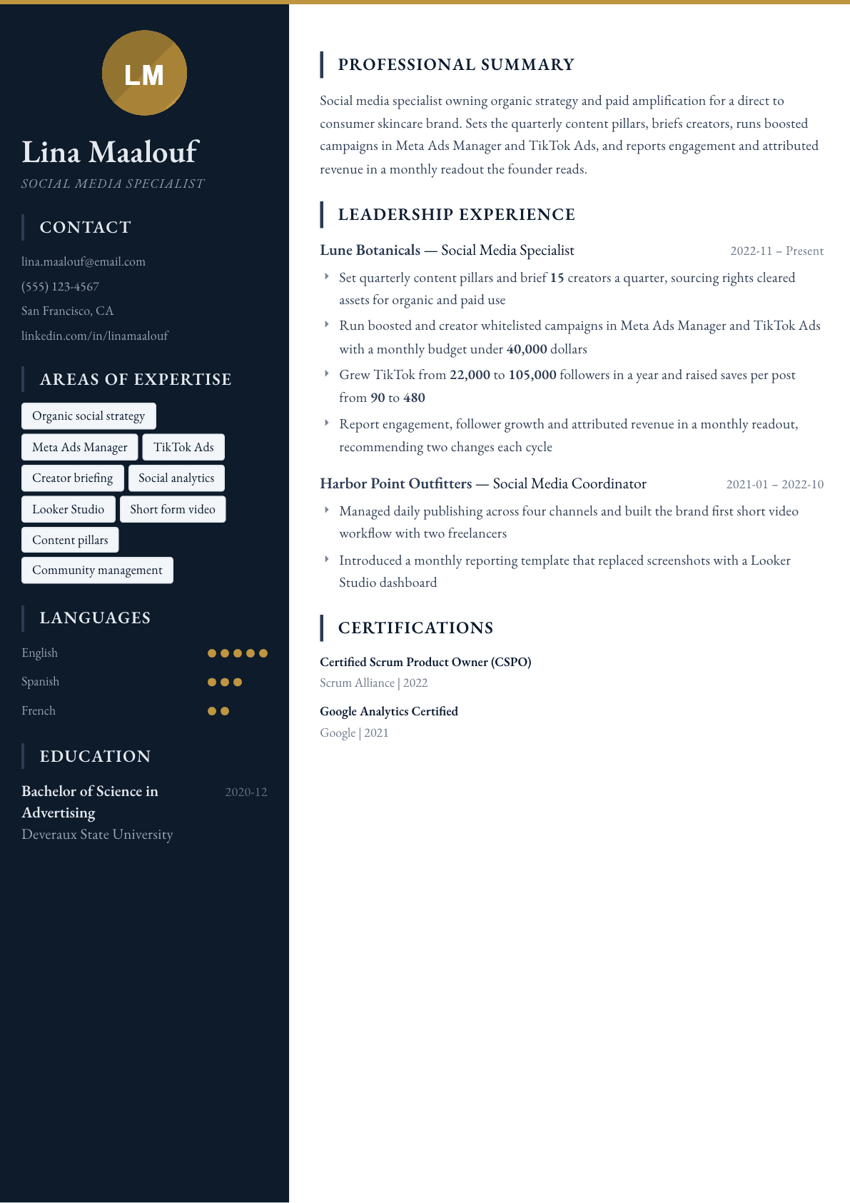 Social Media Specialist resume example, Presidio template