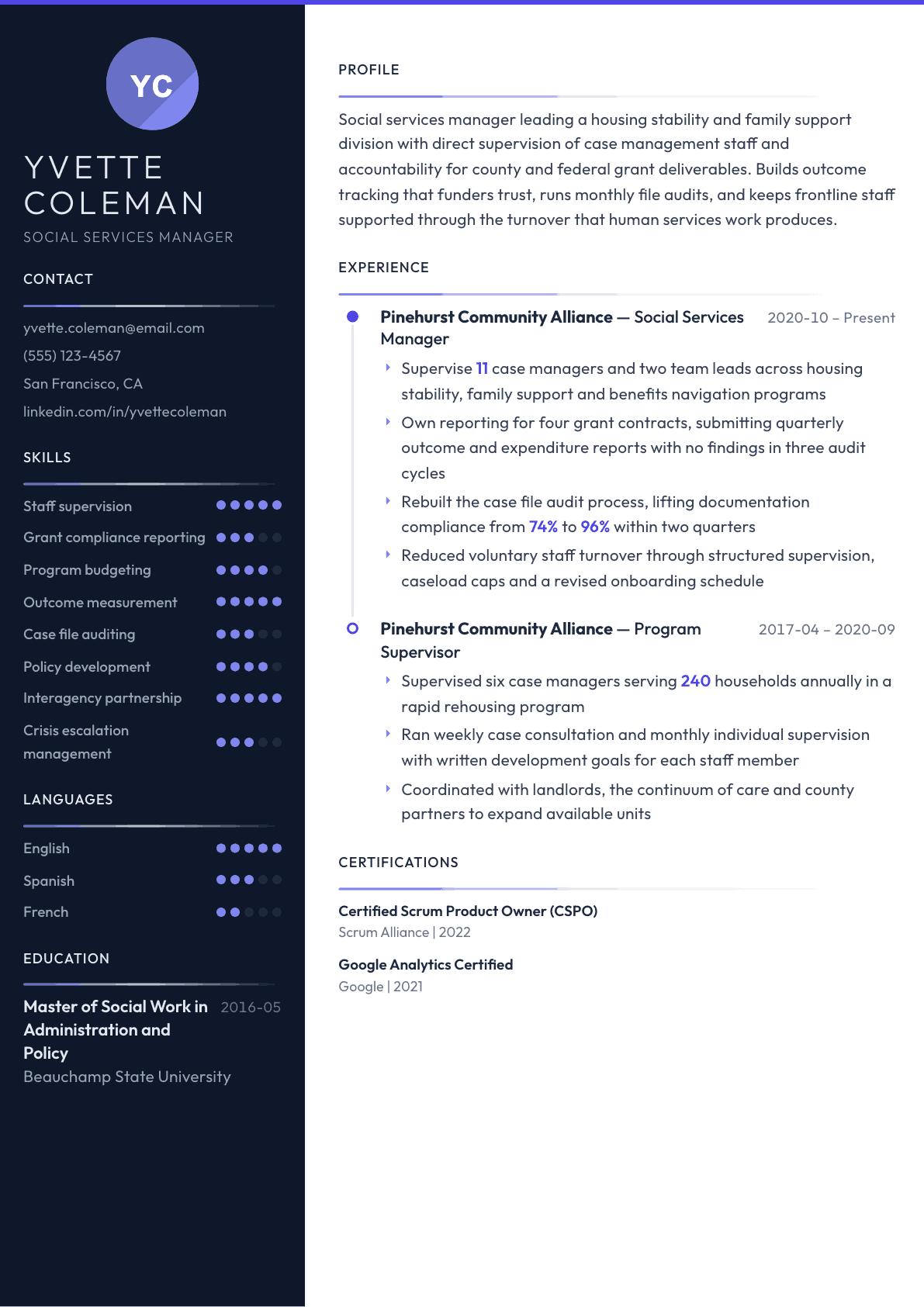 Social Services Manager resume example, Zenith template