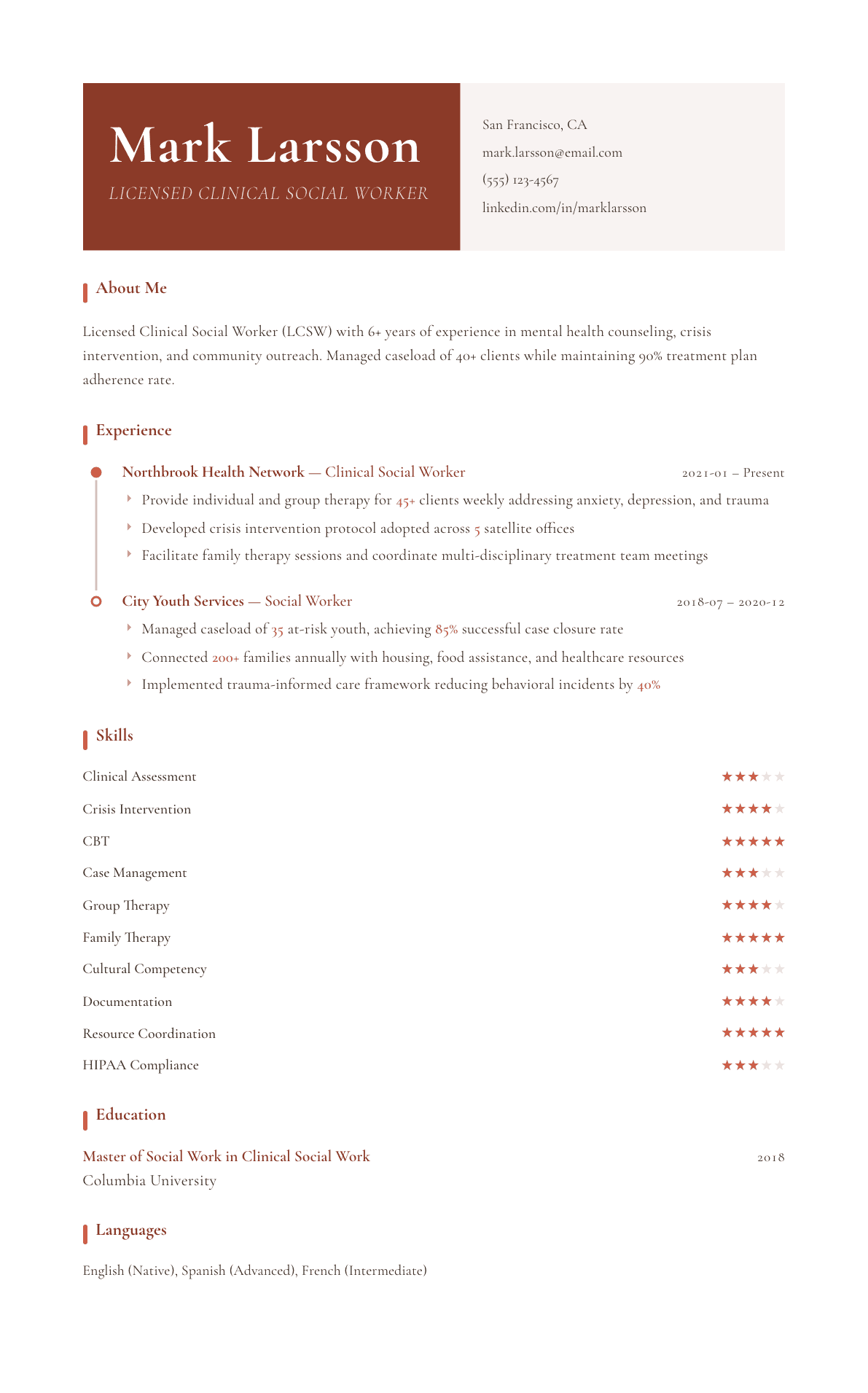 Social Worker resume example, Artisan template