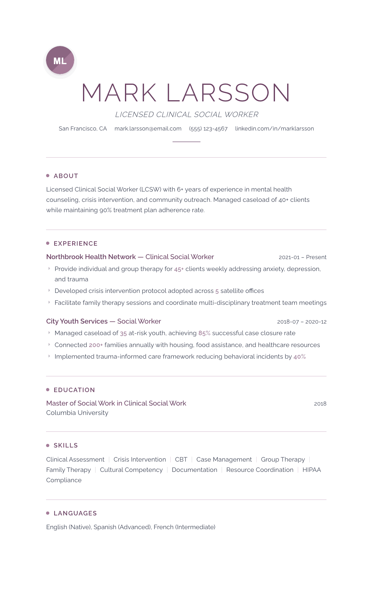 Social Worker resume example, Serenity template
